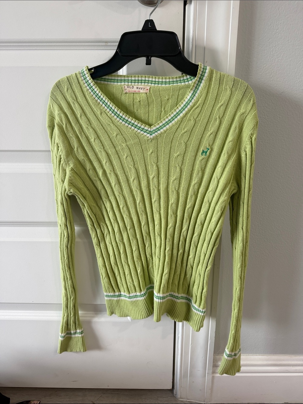 Old Navy 2007 Y2K Cable Knit V-Neck Sweater Green Striped XS 100% Cotton